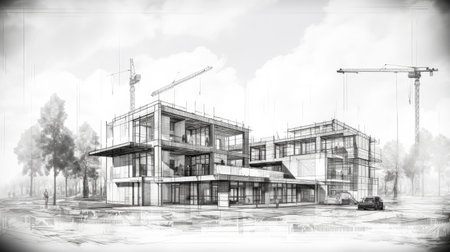 Detailed Architectural Sketch of Modern Multi-Story Buildingの素材