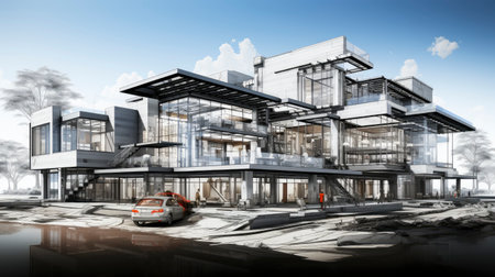Detailed Architectural Sketch of Modern Multi-Story Buildingの素材