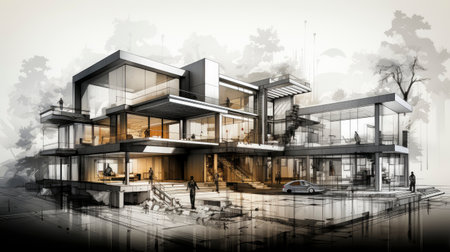 Detailed Architectural Sketch of Modern Multi-Story Buildingの素材