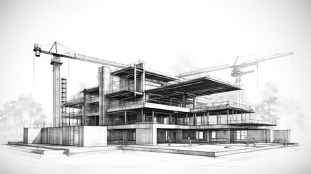 Detailed Architectural Sketch of Modern Multi-Story Buildingの素材