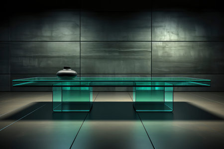 Sleek Conference Room with Reflective Glass Walls and Forest Viewの素材