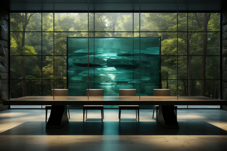 Sleek Conference Room with Reflective Glass Walls and Forest Viewの素材