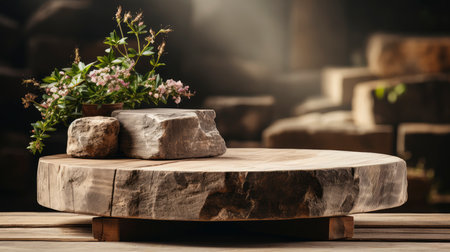 Artistic Wooden Podium with Stone Accents in a Dramatic Spotlightの素材