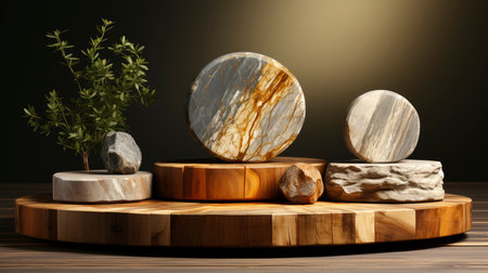 Artistic Wooden Podium with Stone Accents in a Dramatic Spotlightの素材