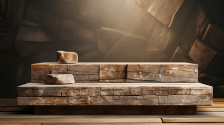 Artistic Wooden Podium with Stone Accents in a Dramatic Spotlightの素材