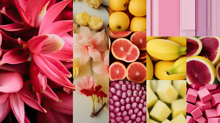 Vibrant Pink and Yellow Collage: Fashion, Fruit, and Minimalismの素材