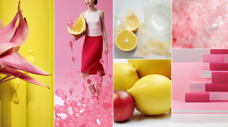 Vibrant Pink and Yellow Collage: Fashion, Fruit, and Minimalismの素材