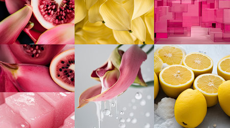 Vibrant Pink and Yellow Collage: Fashion, Fruit, and Minimalismの素材
