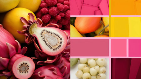 Vibrant Pink and Yellow Collage: Fashion, Fruit, and Minimalismの素材