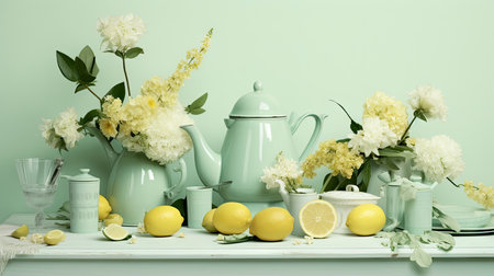 Fresh Lemonade and Floral Arrangement on Pastel Green Backgroundの素材