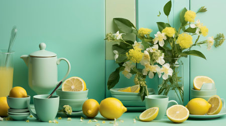 Fresh Lemonade and Floral Arrangement on Pastel Green Backgroundの素材