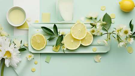 Summer Refreshment: Ice Cold Lemonade with Fresh Lemons and Daisies on Aqua Backgroundの素材