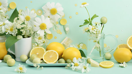 Summer Refreshment: Ice Cold Lemonade with Fresh Lemons and Daisies on Aqua Backgroundの素材