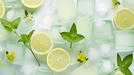 Summer Refreshment: Ice Cold Lemonade with Fresh Lemons and Daisies on Aqua Backgroundの素材