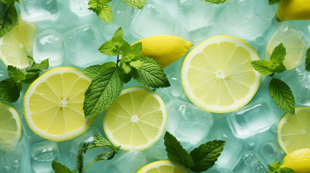 Summer Refreshment: Ice Cold Lemonade with Fresh Lemons and Daisies on Aqua Backgroundの素材