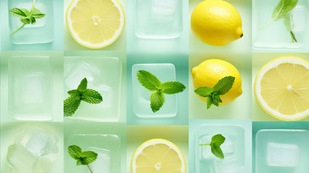 Summer Refreshment: Ice Cold Lemonade with Fresh Lemons and Daisies on Aqua Backgroundの素材