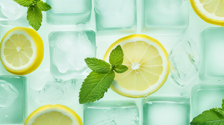 Summer Refreshment: Ice Cold Lemonade with Fresh Lemons and Daisies on Aqua Backgroundの素材