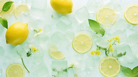 Summer Refreshment: Ice Cold Lemonade with Fresh Lemons and Daisies on Aqua Backgroundの素材