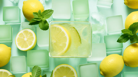 Summer Refreshment: Ice Cold Lemonade with Fresh Lemons and Daisies on Aqua Backgroundの素材