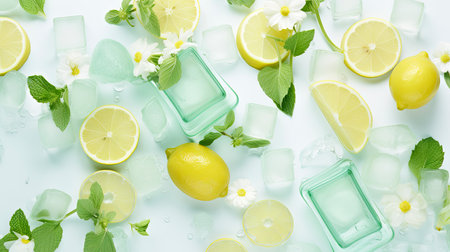 Summer Refreshment: Ice Cold Lemonade with Fresh Lemons and Daisies on Aqua Backgroundの素材