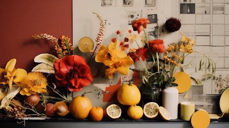 Pumpkins and Flowers with Spices on Earth Tone Backdropの素材