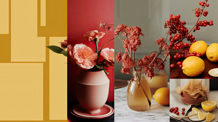 Pumpkins and Flowers with Spices on Earth Tone Backdropの素材