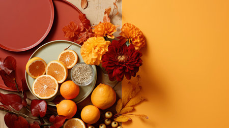 Pumpkins and Flowers with Spices on Earth Tone Backdropの素材