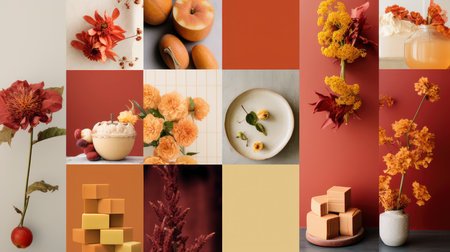 Pumpkins and Flowers with Spices on Earth Tone Backdropの素材