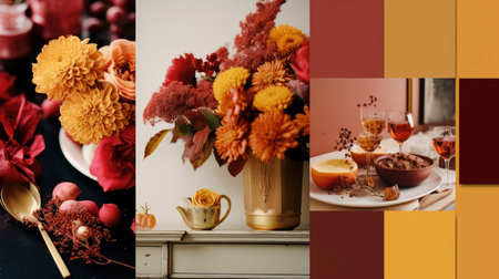 Pumpkins and Flowers with Spices on Earth Tone Backdropの素材