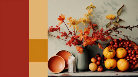 Pumpkins and Flowers with Spices on Earth Tone Backdropの素材