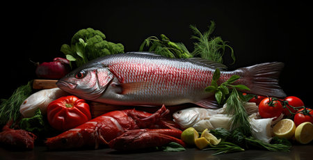 Fresh Seafood Display: Fish and Shrimps with Vibrant Vegetables on Iceの素材