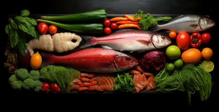 Fresh Seafood Display: Fish and Shrimps with Vibrant Vegetables on Iceの素材