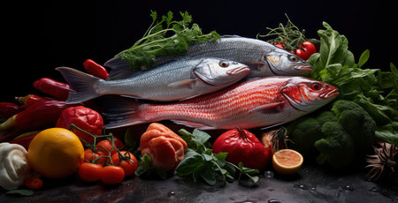 Fresh Seafood Display: Fish and Shrimps with Vibrant Vegetables on Iceの素材