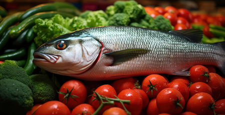 Fresh Seafood Display: Fish and Shrimps with Vibrant Vegetables on Iceの素材