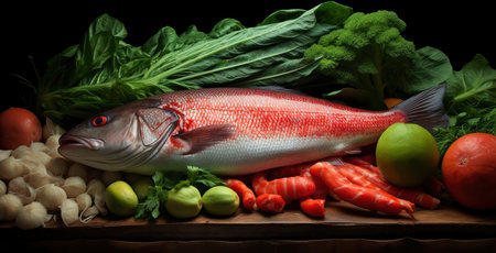 Fresh Seafood Display: Fish and Shrimps with Vibrant Vegetables on Iceの素材