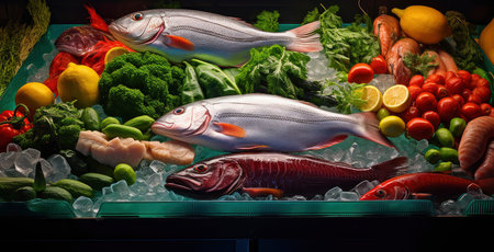 Fresh Seafood Display: Fish and Shrimps with Vibrant Vegetables on Iceの素材