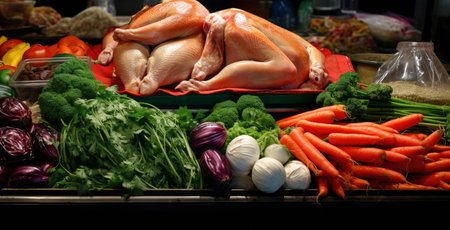 Assorted Fresh Meat and Vegetables on a Rustic Boardの素材