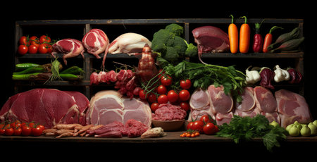Assorted Fresh Meat and Vegetables on a Rustic Boardの素材