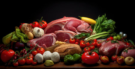 Assorted Fresh Meat and Vegetables on a Rustic Boardの素材