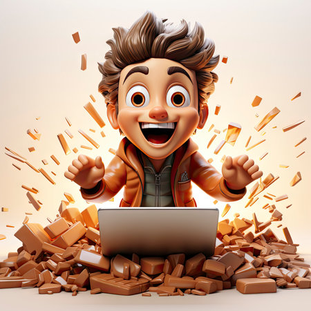 Excited Young Cartoon Programmer with a Laptop and Flying Booksの素材