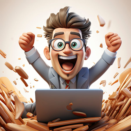 Excited Young Cartoon Programmer with a Laptop and Flying Booksの素材