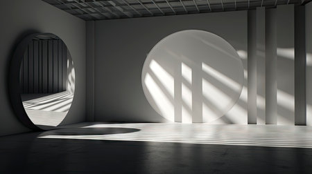 Minimalist Modern Room with Arch Doorway and Circular Artの素材