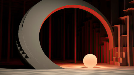 Minimalist Modern Room with Arch Doorway and Circular Artの素材