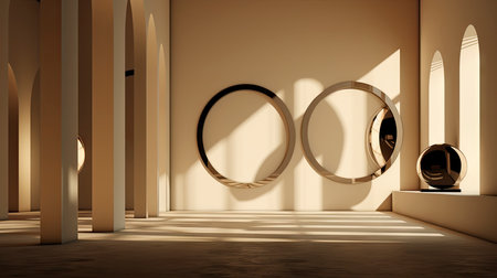 Minimalist Modern Room with Arch Doorway and Circular Artの素材