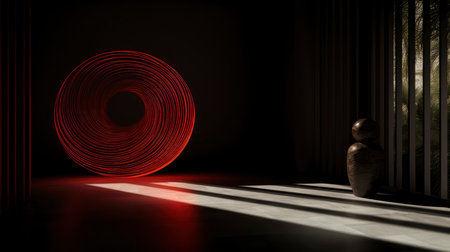 Minimalist Modern Room with Arch Doorway and Circular Artの素材