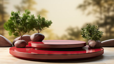 Elegant podium scene for product presentation with realistic decorative flowers and branches still life style. professional product display placement templateの素材