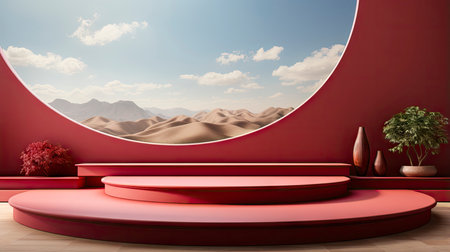 Elegant podium scene for product presentation with realistic decorative flowers and branches still life style. professional product display placement templateの素材