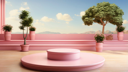 Elegant podium scene for product presentation with realistic decorative flowers and branches still life style. professional product display placement templateの素材