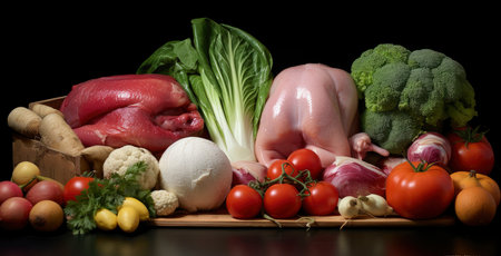 Gourmet's Delight: A Rustic Composition of Fresh Meats and Vegetablesの素材