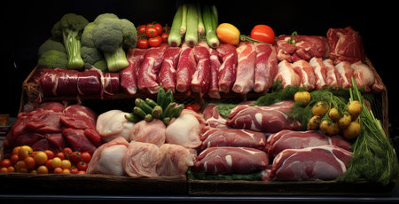 Gourmet's Delight: A Rustic Composition of Fresh Meats and Vegetablesの素材